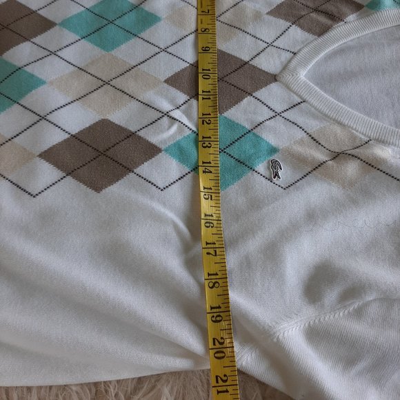 Lacoste Men's White Geometric Pattern Cotton V-Neck Sweater Size 6 -XL - Picture 8 of 10